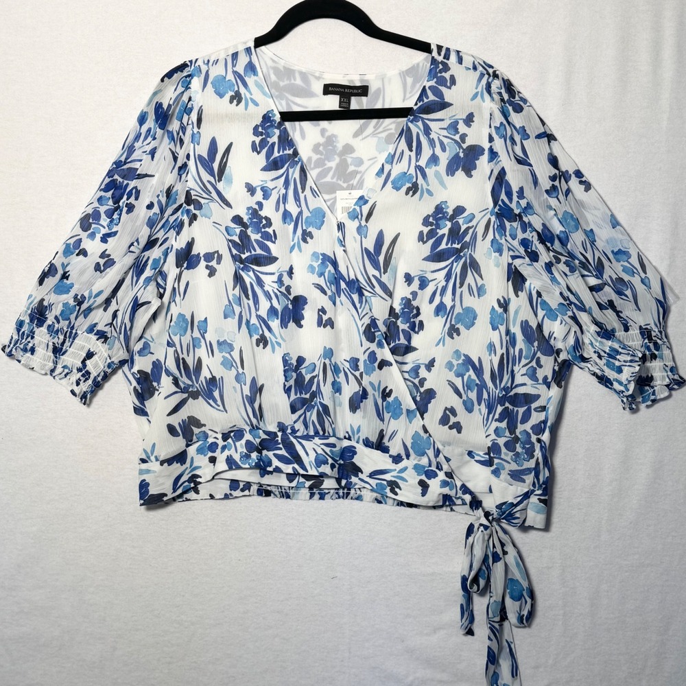 Banana Republic XXL Blue Floral Wrap Top Chiffon Smocked Blouse NWT 550158-00-1